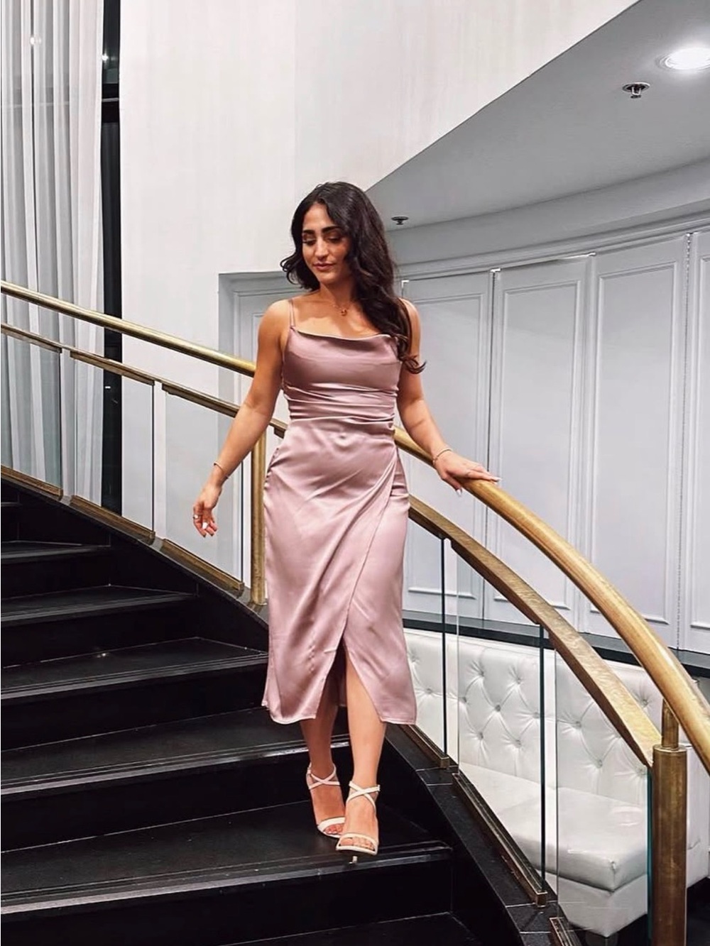 Rose Satin Cowl Neck Midi Dress